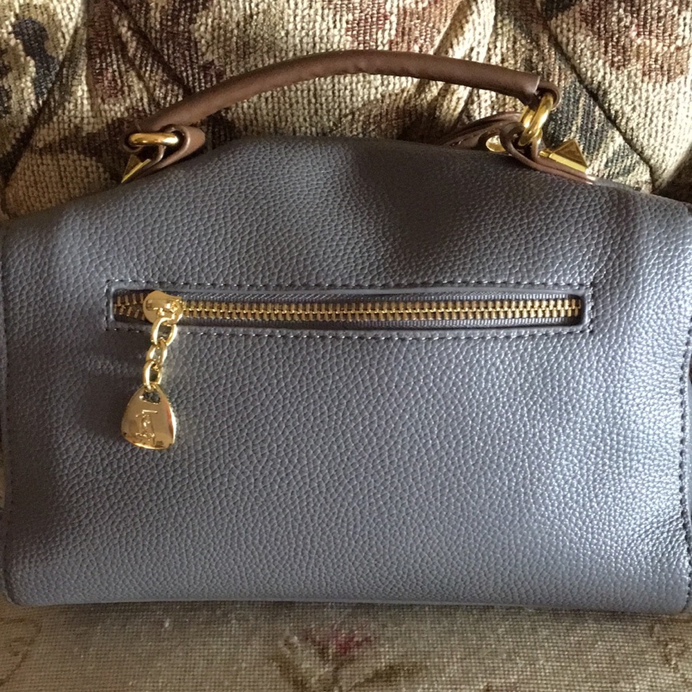 Genuine Leather Satchel in Medium Gray with Gold Accents